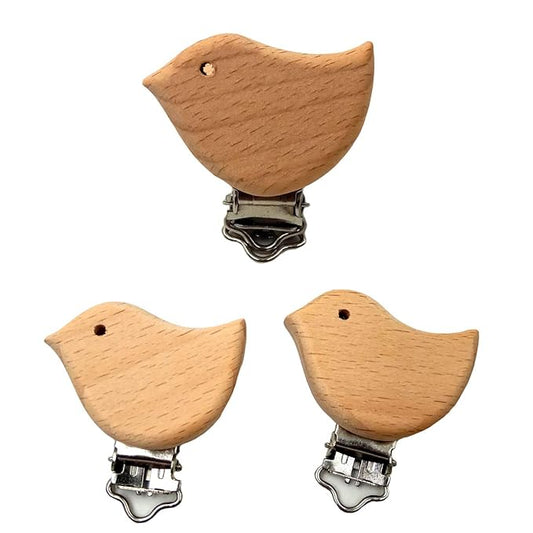 10pcs Natural Wood Suspender Pacifier Clips Cute Beech Wooden Animal Bird Shape Clips Charm DIY Beading Pacifier Chain Accessory