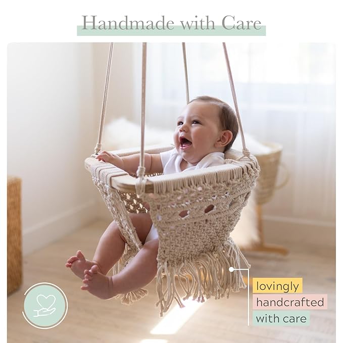 Finn + Emma - Handmade Macrame Baby Swing with Solid Wood Bar - Organic Baby Accessories - Handmade with Care