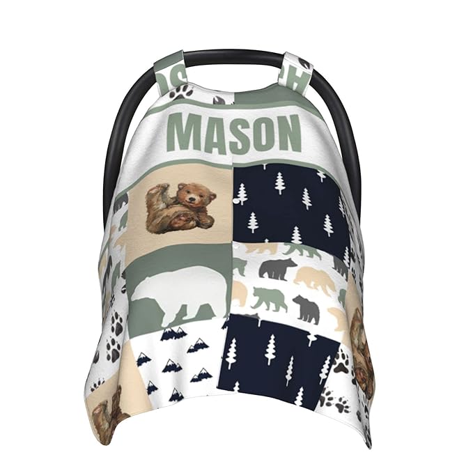 Personalized Baby Car Seat Canopy for Babies, Custom Name Car Seat Covers for Girls and Boys, Opening Minky Nursing Breastfeeding Cover for Infant, Carseat Canopies for Newborn (Woodland Cute Bear)