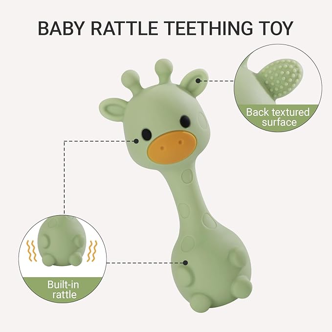 Giraffe Silicone Baby Teether Rattle Toy for 0-6 6-12 Months, BPA-Free Infant Teething Toy with Rattle Sound, Easy-Grip Design for Teething Relief (Olive)