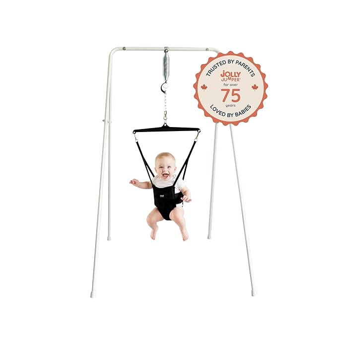 Jolly Jumper Classic (Black) with Stand - Original Baby Jumper, Indoor and Outdoor Exercise Saddle Seat, Adjustable Height, for Infants up to 28lbs