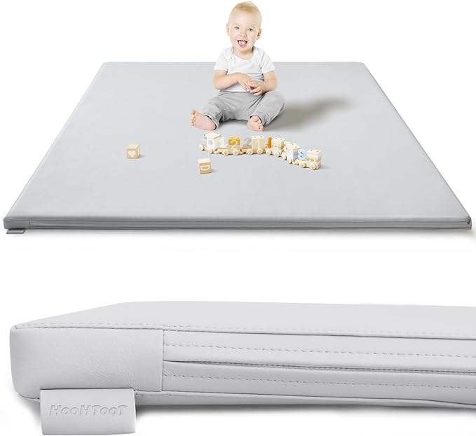 Hoohtoot Foam Play Mat for Baby: PU Leather Waterproof Kids Playmat - Gray Baby Play Mats for Floor - Thick Play Mat for Playpen Padded Playpen Mattress Soft Infant Mat for Preschool (Grey Foam mat)