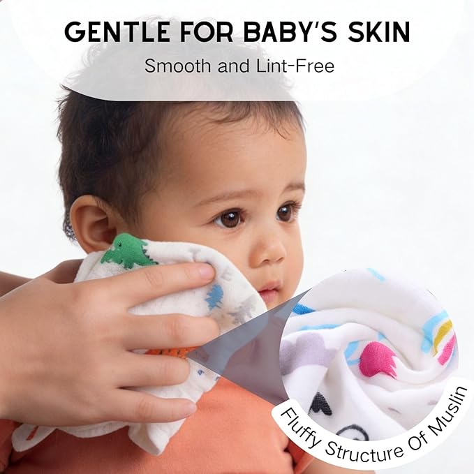 MALOMME Muslin Baby Washcloth 8 Pack - Soft & Absorbent Washcloth 6 Layer Natural Cotton Wash Cloths for Newborn Infant Toddler 10”x10” Large Gentle Face Towel for Sensitive Skin - Multi Pattens