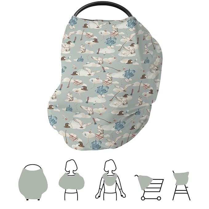 Vintage Wizard Owls Car Seat Cover for Babies Watercolor Witch Hat Books Castle Clouds Stretchy 5-in-1 Cover Adjustable Infant Carseat Canopy Cover Magics Wizard Universe Breathable Nursing Cover-Up