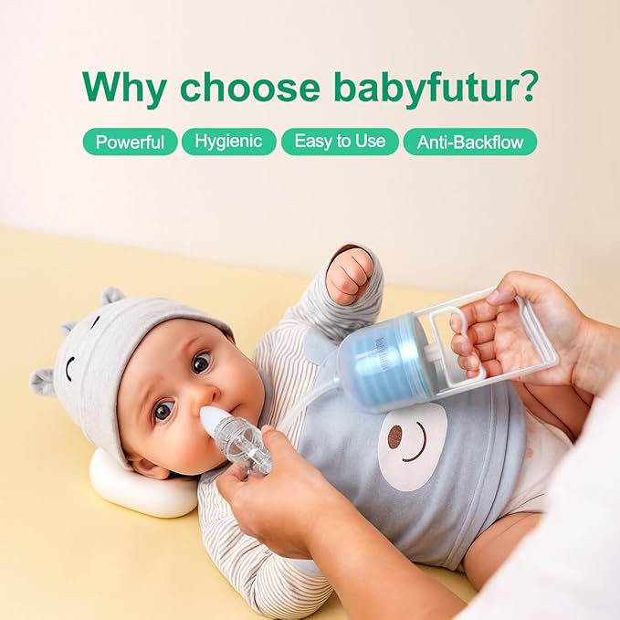 Manual Nose Sucker for Baby – Strong Suction Nasal Aspirator with Soft Silicone Tips, Easy to Clean & Reusable, Quiet and Safe Newborn Nose Cleaner by Baby Futur