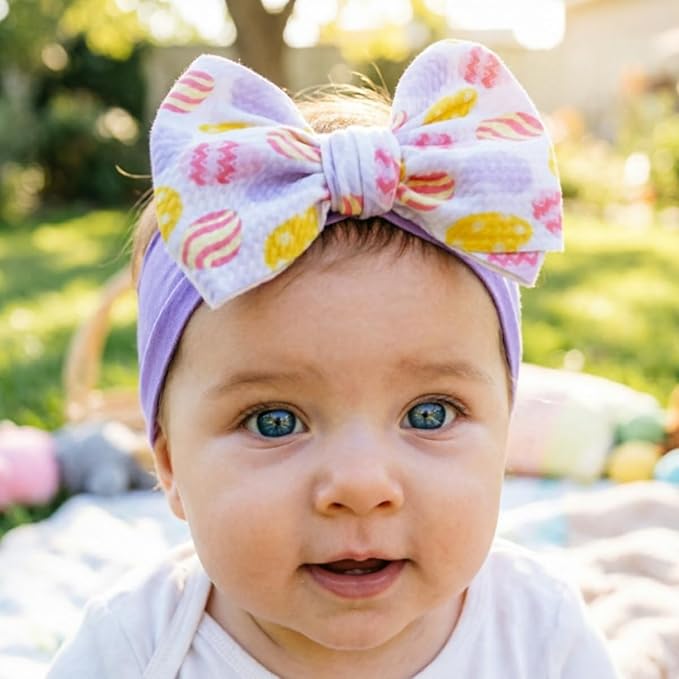 Easter Bunny Headband for Baby Girl, Turban Nylon Elastic Hair Band with Flower Bow, Newborn Infant Toddler Easter Hair Accessories (Y16, FZ)