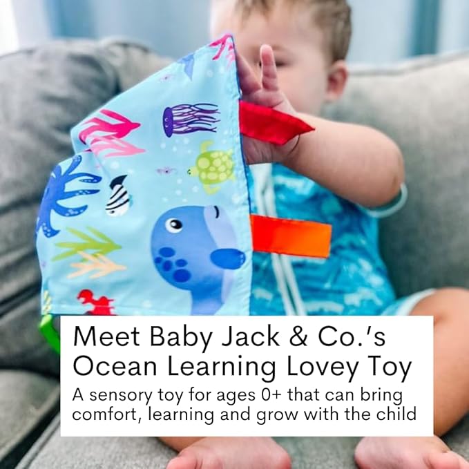 Baby Jack & Co 8x8” Ocean Lovey Tag Toys for Babies - Crinkle Toys for Developmental Play - Soft & Safe - Learn Shapes & Colors - Ideal Toy for Tummy Time - BPA Free w/Stroller Clip