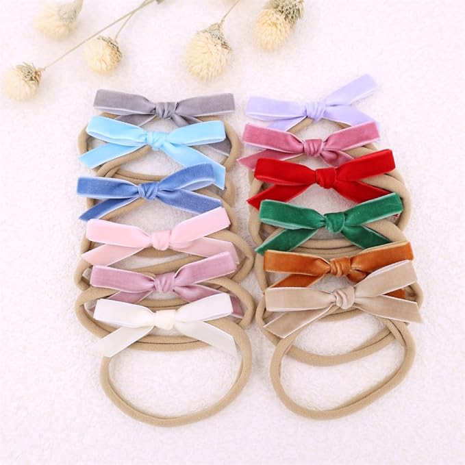 Pack of 12 Velvet Bow Headband for Newborn Baby Toddler Girl Soft Nylon Hairbands Elastic Hair Bands (Tiny bow 2.7 inch 12 pcs)