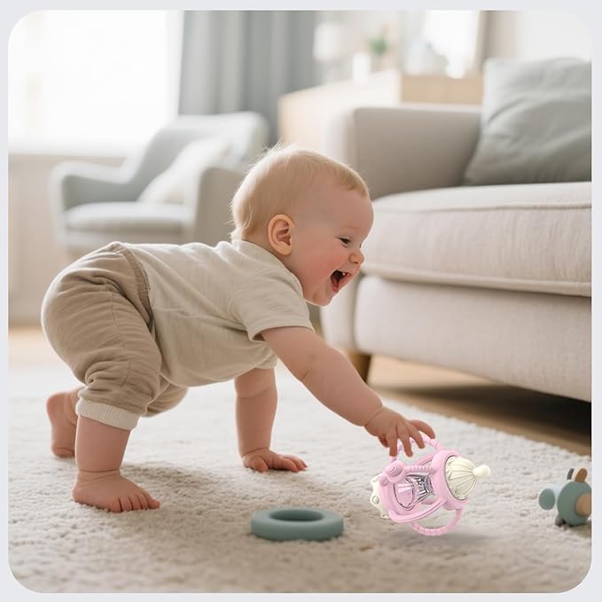 Teething Rattles for Babies 0-6 Months 6-12 months, Silicone Rattle Teether with Pacifier, Baby Montessori Toys 6-18 Months, Infant & Toddler Molar Teething Relief, Boys Girls Essential Gifts (Pink)