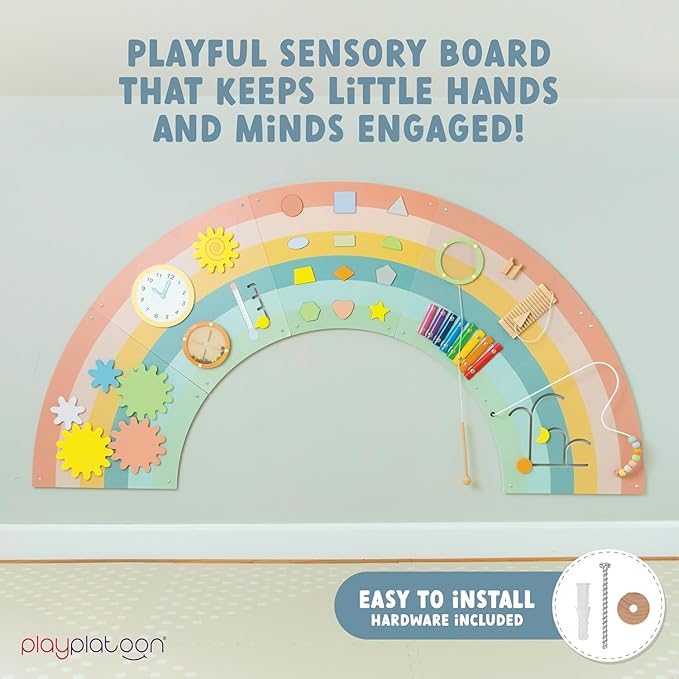 Play Platoon Kids Sensory Wall Panel, Activity Wall Busy Board Toys for Toddlers 1-3, Sensory Board - 64x32 inch Neutral Wooden Rainbow with 11 Activities for Montessori Playroom
