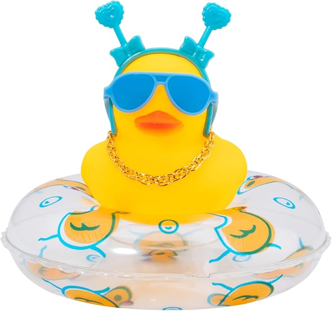 wonuu Car Duck Rubber Duck Car Ornaments Duck Car Dashboard Decorations with Cute Headband Swim Ring Necklace Sunglasses, B-Blue Double Heart Headband