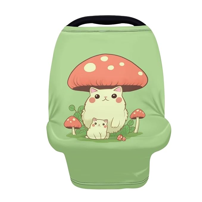 HUIACONG Mushroom Cat Baby Car Seat Cover Green Infant Carseat Canopy Cover for Girls Boys Breastfeeding Cover for Stroller/High Chair/Shopping Cart
