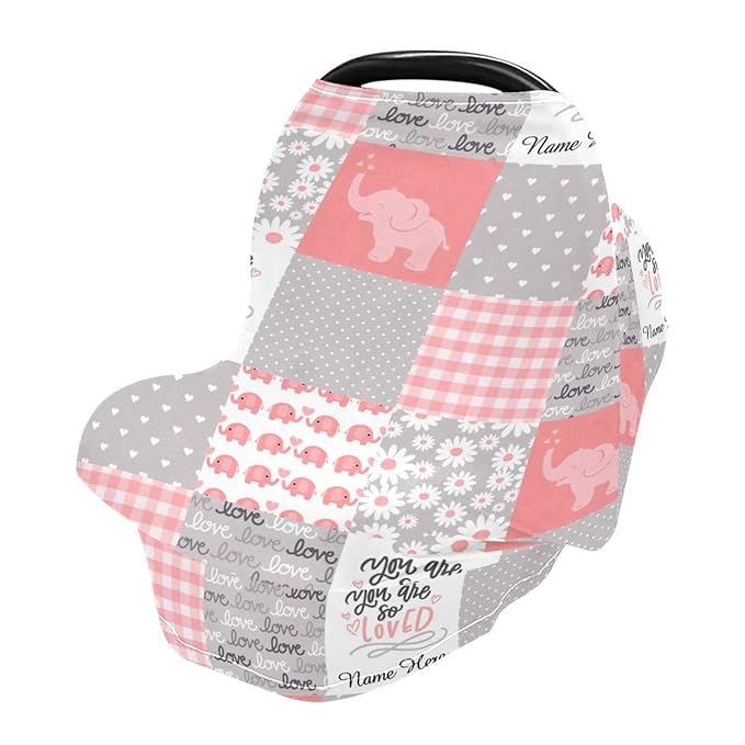Personalized Baby Car Seat Cover for Boys Girls, Custom Nursing Covers for Breastfeeding with Name, Infant Stroller Cover, Baby Carseat Canopy for Newborn, Multiuse Car Seat Canopies, Elephant Pink
