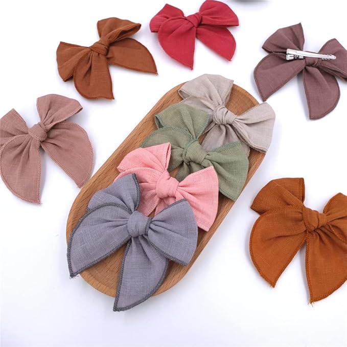 12 PCS Linen Bow Hair Clips for Baby Girls Hair Bows Alligator Clips Accessories Infants Toddler Kids Hairgrips (Linen Fable Bow 4'')