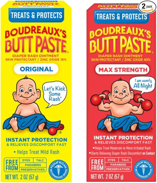 Boudreaux's Butt Paste Diaper Rash Ointment (Original (2oz) & Maximum Strength (2oz)) (1 of each) Variety Pack