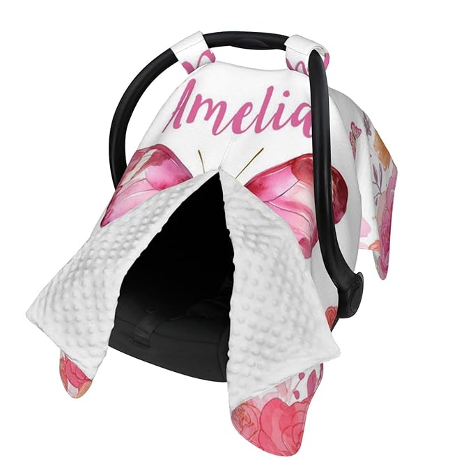Personalised Butterfly Baby Car Seat Cover for Girls, Customized Carseat Covers with Name for Infant, Windproof Sun Protection Baby Carseat Canopy, Multi-use Nursing Breastfeeding Covers
