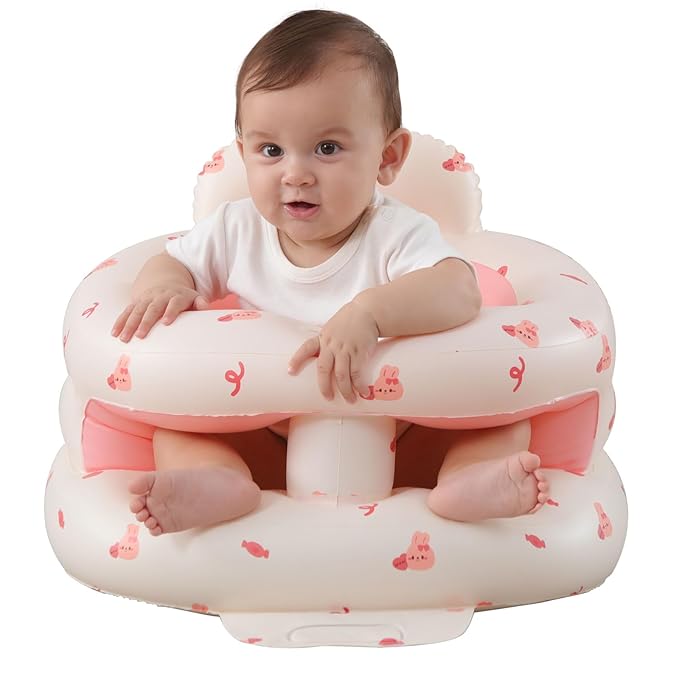 AGITVPS Upgrade Inflatable Baby Seat with Tray for Babies 3-36 Months, Built in Air Pump Bumbo Seat with Tray, Baby Chair Sit Me up Floor Seat for Baby, Learning to Sit&Feeding (Surround-Love Bunny)