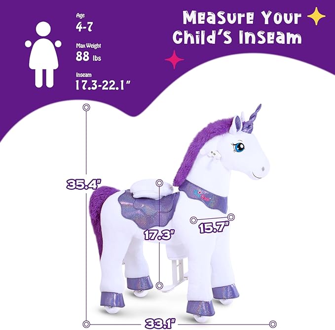 PonyCycle Ride on Unicorn Toys for Girls Horse Spirit Toys Essential Model E Size 4 for Kids Age 4-7/35.4" Height,Birthday Plush Animal Giddy up Riding Pony Ride on Toys Purple E413