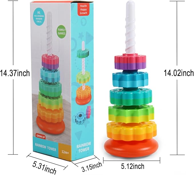 Baby Spinning Stacking Toys, Spin ABS Plastic and Color Rainbow Design Ring Stacker Baby Toys 6 to 12 Months Montessori Educational Learning Autism Sensory for Boys and Girls