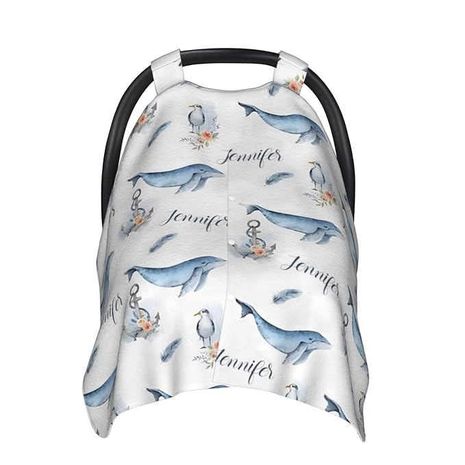 Personalized Baby Car Seat Canopy for Baby Girls, Custom Name Ocean Baby Car Seat Covers for Babies, Opening Minky Nursing Breastfeeding Cover for Infant, Carseat Canopies for Newborn