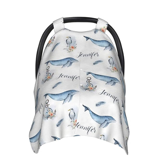 Personalized Baby Car Seat Canopy for Baby Girls, Custom Name Ocean Baby Car Seat Covers for Babies, Opening Minky Nursing Breastfeeding Cover for Infant, Carseat Canopies for Newborn