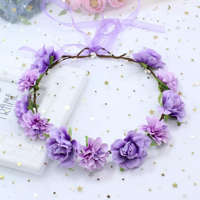 AKOAK 1 Pack Flower Crown, Bohemian Wreath for Girls Floral Tiara, Wedding Headband, Bride Bohemian Wreath/Baby Shower/Photo/Toddler (Purple)