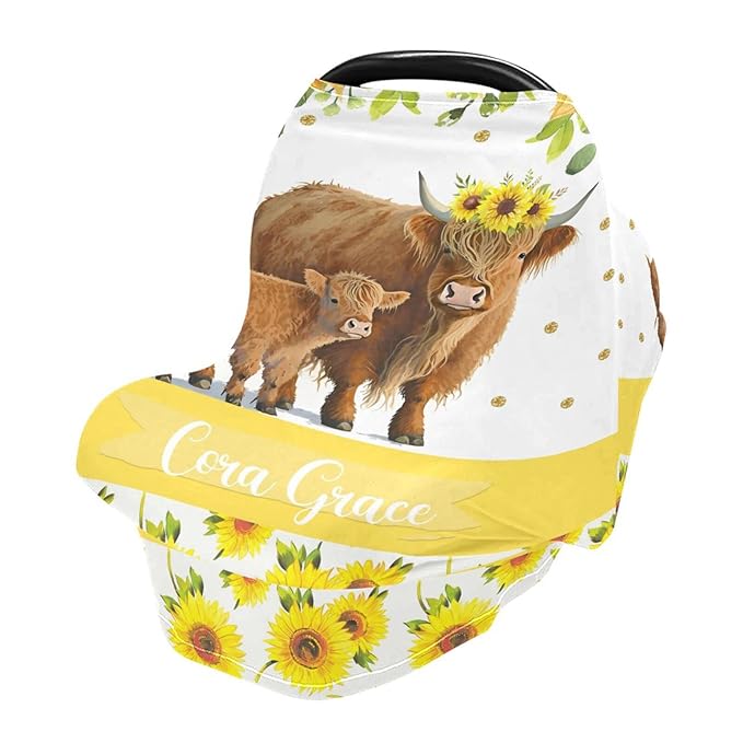 Personalized Baby Car Seat Cover for Boys Girls, Custom Nursing Covers for Breastfeeding with Name, Infant Stroller Cover, Baby Carseat Canopy for Newborn, Multiuse Car Seat Canopies, Sunflower Cow