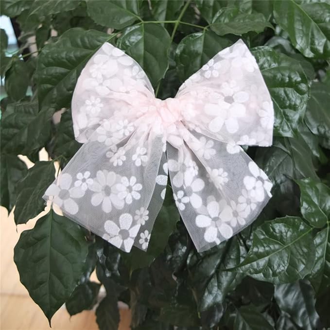 Large Tulle Bows Hair Clips for Baby Girls - Lace, Cottagecore, Lightweight Gauze Barrettes Accessories (Pink Floral and White)