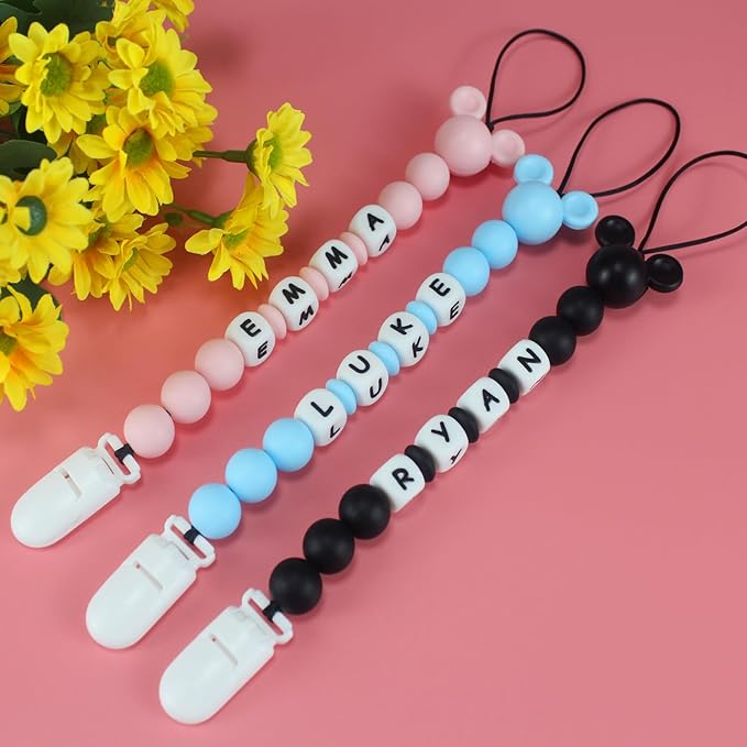 Personalized Pacifier Clip with Name, Pacifier Holder Clips Customized with Name, Paci Clip with Mouse Head Design for Baby