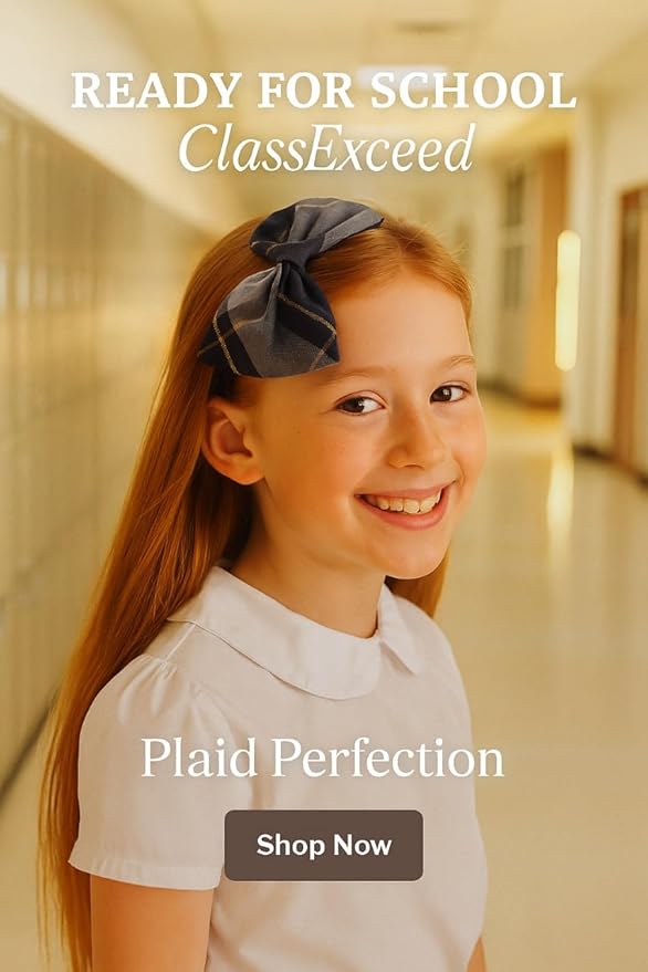 ClassExceed School Headband, Plaid bow headband, back to school, available in variety of school plaids (Plaid 57 Classic Navy Gold plaid, Regular)