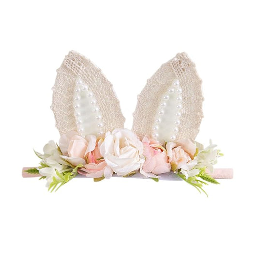 KIDOCHEESE Baby Girl Floral Easter Bunny Ears Headband Rabbit Ears Nylon Hairband for Newborn Infant Toddler Easter Hair Accessories Gift