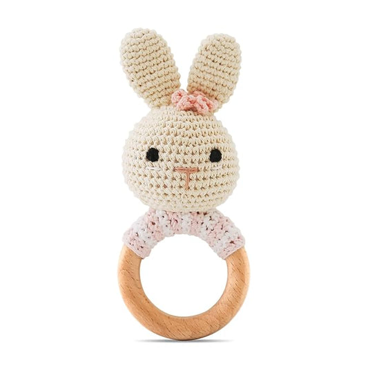 Wooden Baby Rattle，Crochet Bunny Rattle with Wood Ring, Newborn Wooden Animal Rattle Toy，Infant Bunny Wood Rattle Toys，Bunny-2