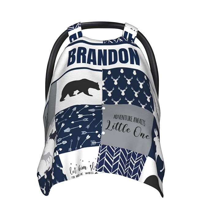 Personalized Baby Car Seat Canopy for Babies, Custom Name Car Seat Covers for Boys, Opening Minky Nursing Breastfeeding Cover for Infant, Carseat Canopies for Newborn (Woodland Deer Bear Blue)