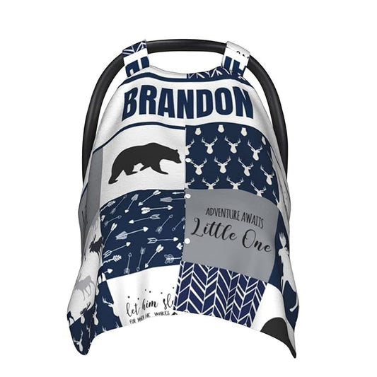 Personalized Baby Car Seat Canopy for Babies, Custom Name Car Seat Covers for Boys, Opening Minky Nursing Breastfeeding Cover for Infant, Carseat Canopies for Newborn (Woodland Deer Bear Blue)