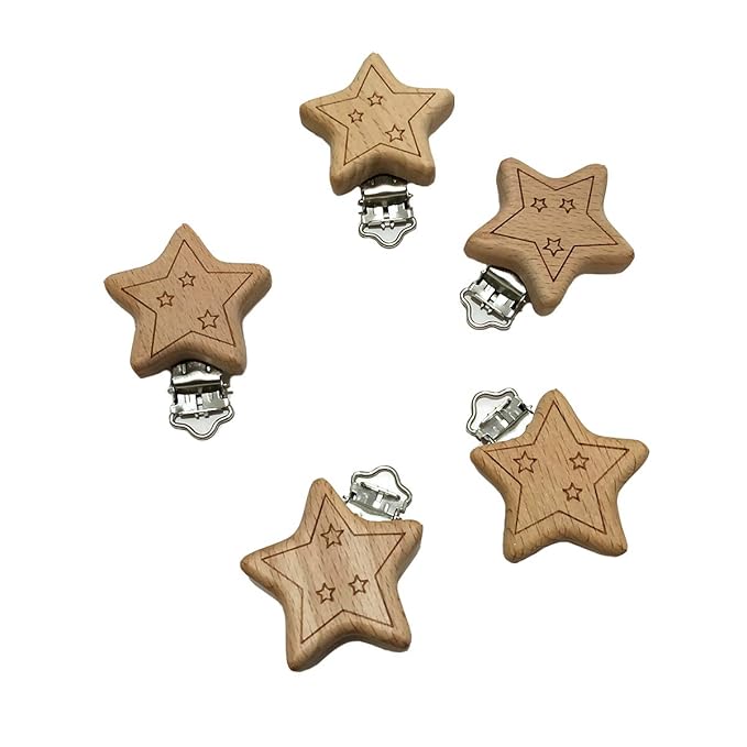 10pcs Natural Wood Suspender Pacifier Clips Cute Beech Wooden Animal Start Shape Clips DIY Beading Pacifier Chain Accessory