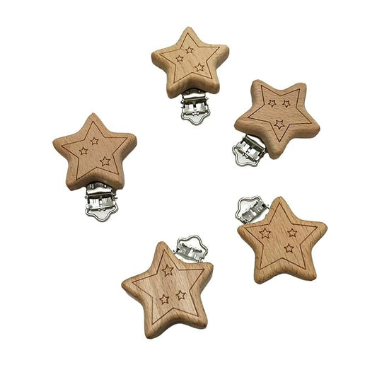 10pcs Natural Wood Suspender Pacifier Clips Cute Beech Wooden Animal Start Shape Clips DIY Beading Pacifier Chain Accessory