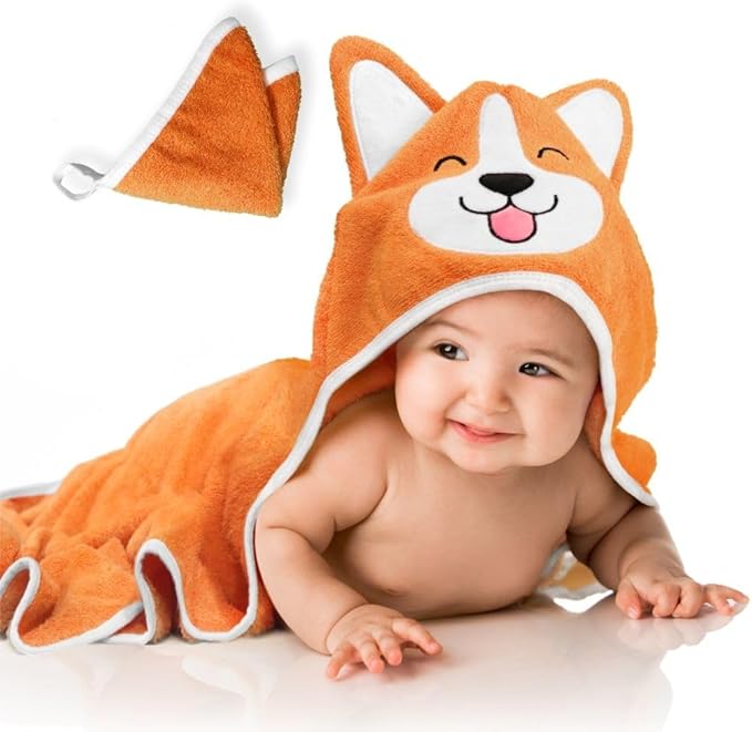 Generic Corgi Dog Baby Bath Hooded Towel - Cozy & Warm - Ultra Soft and Absorbent - Baby Bath - Toddler - Newborn - Pets - Free Washcloth - 35" x 35" (Orange)