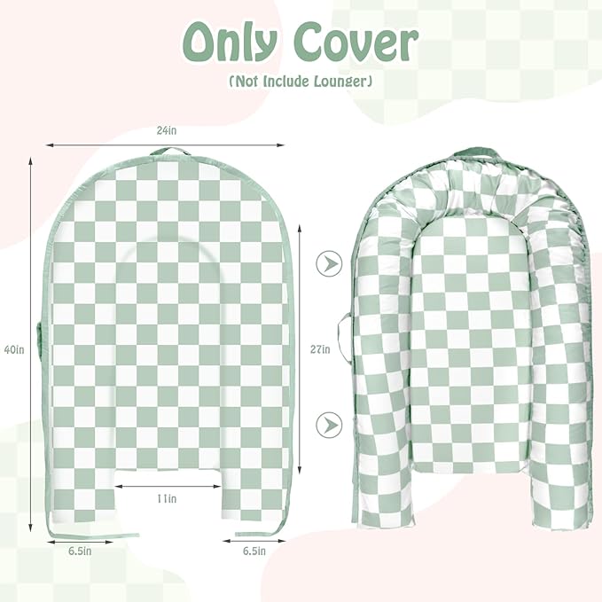 DILIMI Baby Lounger Cover, Cotton Baby Nest Replacement Cover for Girls Boys, Soft Breathable Reversible Newborn Lounger Cover, Green Checkered (Only Cover)