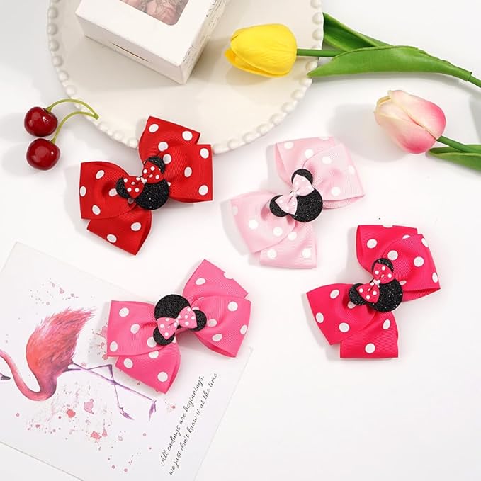 3 Pairs Red White Mouse Ears Hair Bows Clips 4 Inches Hair Bow Cute Mice Ears Toddler Hair Accessories for Women Girls for Birthday Party Favor Halloween Christmas Decoration
