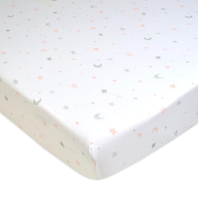 American Baby Company 2 Pack 100% Natural Cotton Fitted Pack and Play Sheets 39" x 27" - Soft & Breathable Pack N Play Sheets for Playard & Mini Crib Mattress, Pink Stars/Zigzag, for Boys & Girls