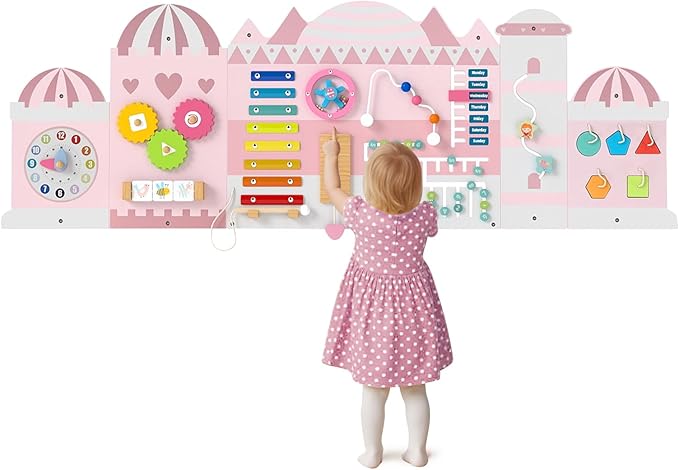 Olakids Pink Castle Sensory Wall, 11 in 1 Wooden Montessori Busy Board Panel, Toddler Wall Mounted Activity Center, Educational Toys Learning Gift for Boys Girls