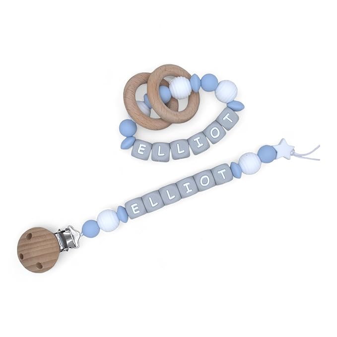 Personalized Baby Pacifier Clips, Rattle Rings & Keychains – Blue Styles | Stylish Baby Accessories, 3rd Party Tested for Safety
