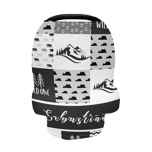 Multi-Use Baby Car Seat Cover Personalized, Customized Nursing Cover with Name, Breathable Breastfeeding Covers Soft Infant Stroller Canopy, Gift for Newborn Boys Girls, Mountain