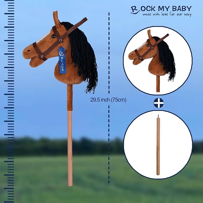 ROCK MY BABY Hobby Horse Plush Stuffed Stick Horse with Award Ribbon for Boys and Girls 3+ Fun Toys for Pretend Play (Golden Brown) CPC Certified