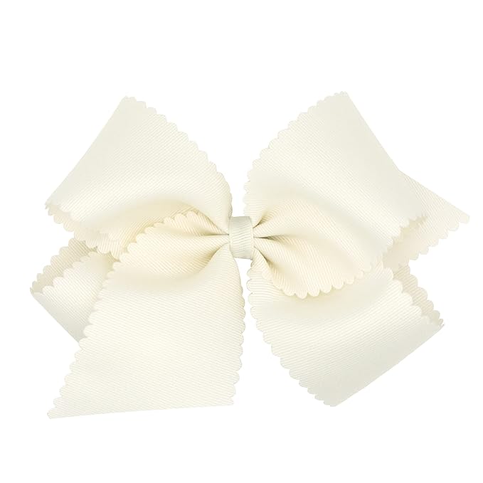 Wee Ones Girls' Classic Grosgrain Hair Bow with Scalloped Edges, No-Slip Hair Clip, Handmade, Antique White, King