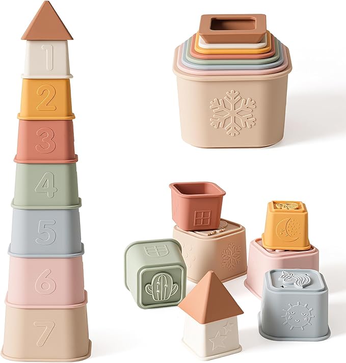 Baby Stacking Cups Toy, Silicone Stacking Tower Educational Baby Toys 6M+, Soft Teething Building Blocks 8 Pcs, BPA Free Sensory Infant Toy, Bath & Beach Toys, Vintage Neutral Colors-Gentle