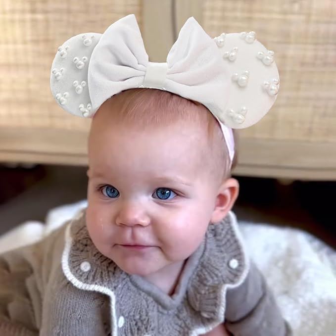 JIAHANG White Velvet Adjustable Mouse Ear Hair Bow Headband with Beadings, Fashion Bow Hairband Stand for Baby Girls Infant Toddlers