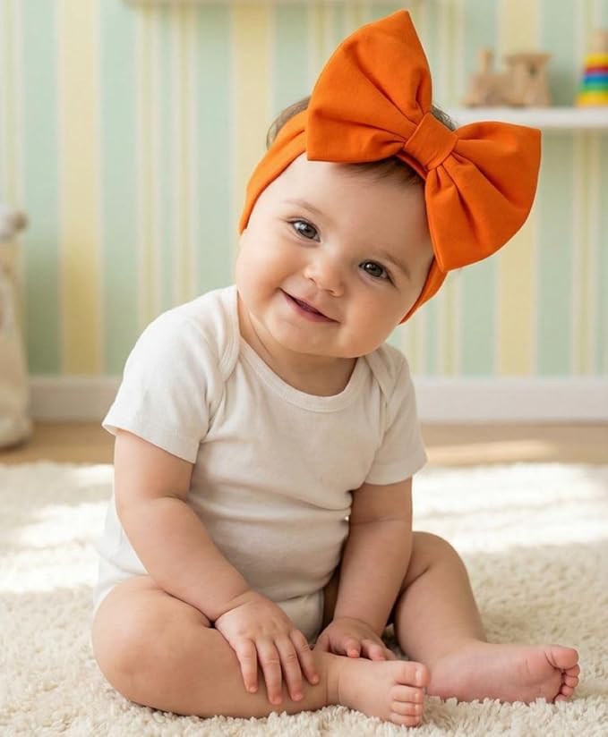 Newborn Baby Girl Headband 0–6 Months – Soft Cotton Big Bow Headband for Infants, Stretchy Baby Hair Band, 4.3" (11 cm) Bow, 2.4" (6 cm) Band (Orange, 0-6 Month)