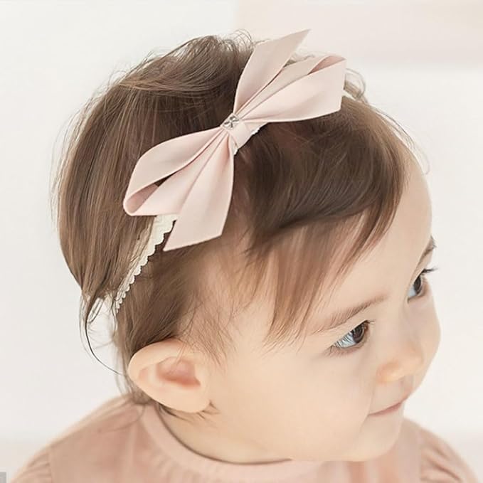 Baby Girls Lace Bow Headband Cute Chiffon Bow-Knot Toddler Hairband Elastic Soft Lace Infants Birthday Party Hair Accessories (Pink-2, One size)