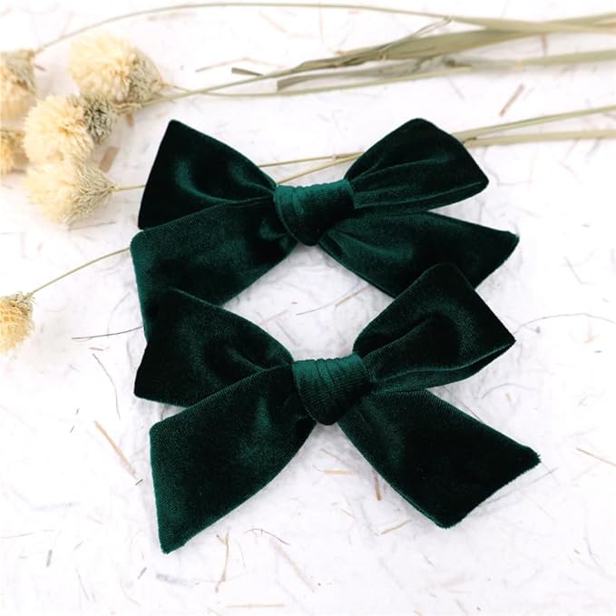 Vintage Velvet Bow Hair Clips for Baby Girl Kids Women Fall Velvet Christmas Hair Bows Barrettes Accessories (2 pcs 001 Green)